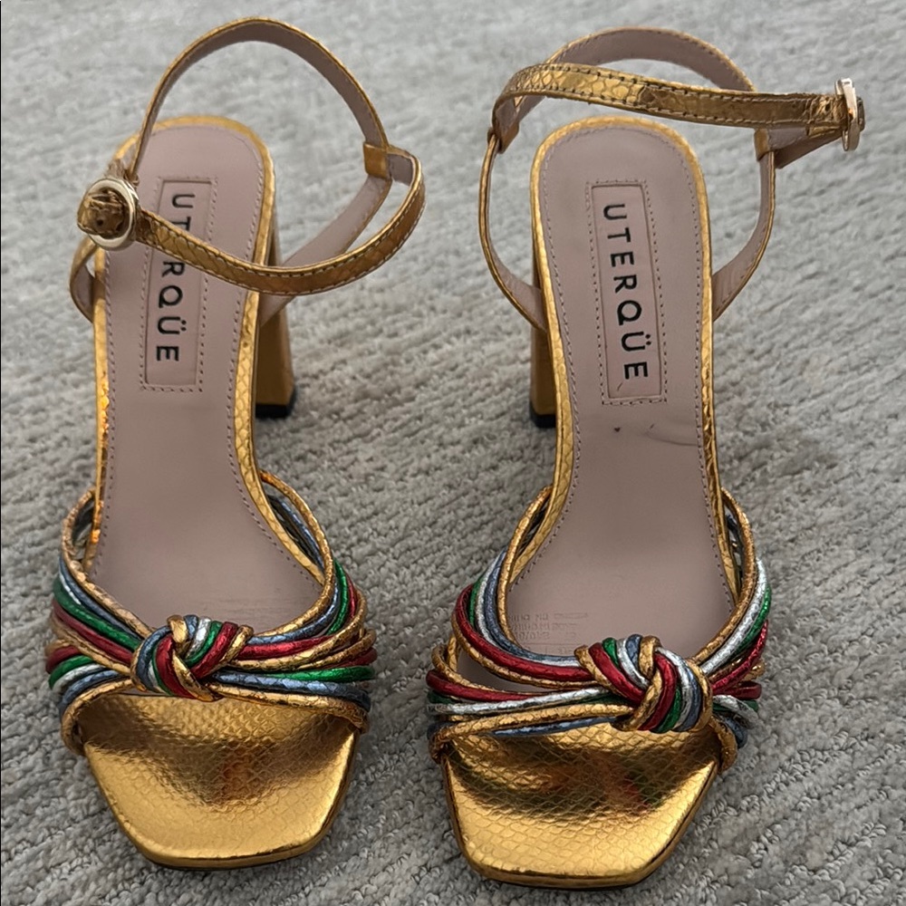 Uterque Gold Rainbow Heeled Sandals with Knotted Design